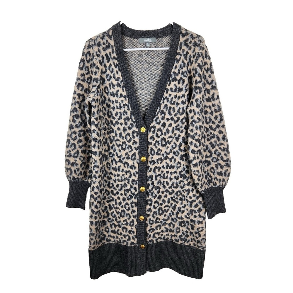 Marled Reunited Clothing Gray Leopard Print Cardigan with Gold Buttons Small